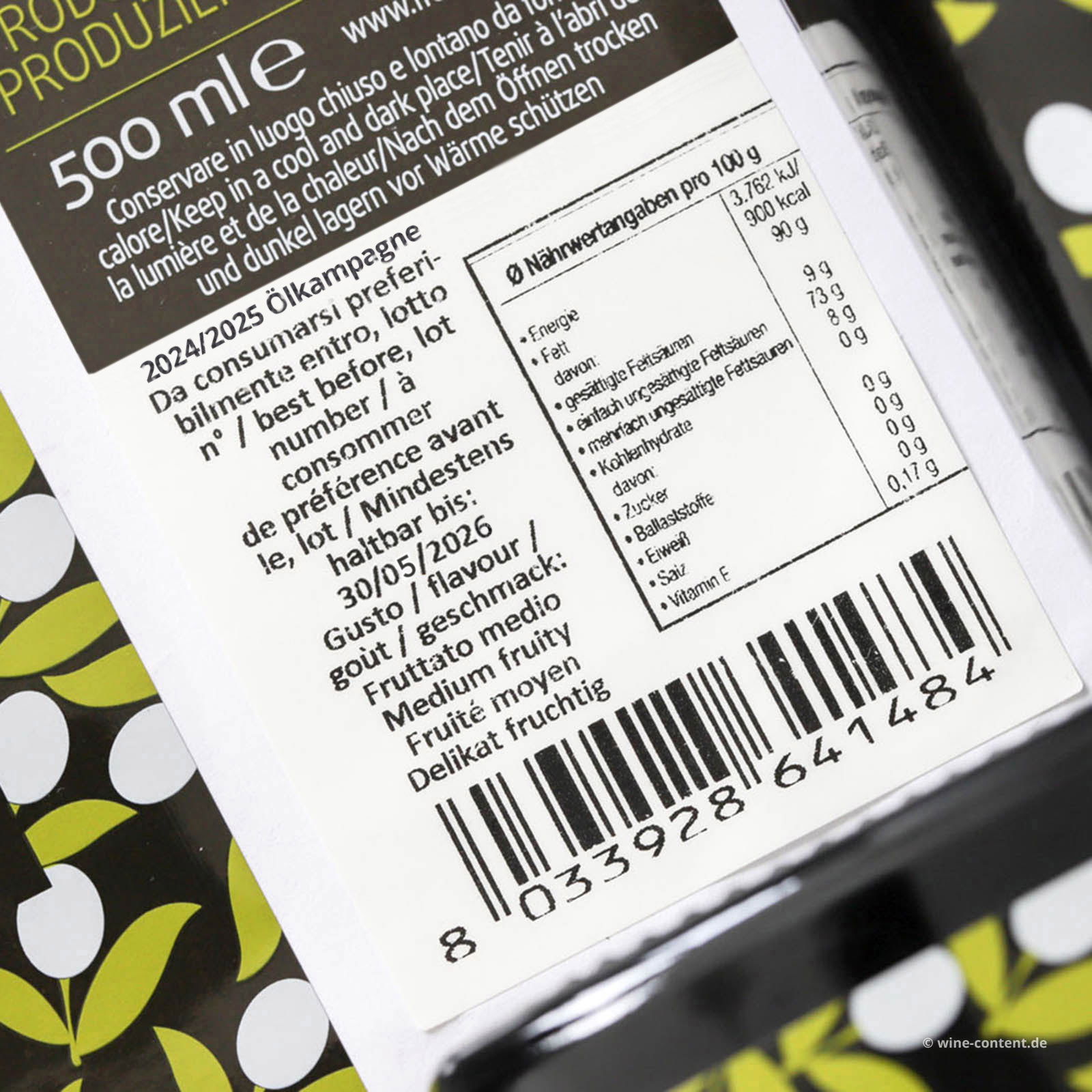 0,5 L Olivenöl Extra Vergine 2024 Fruttato Medio Glasflasche