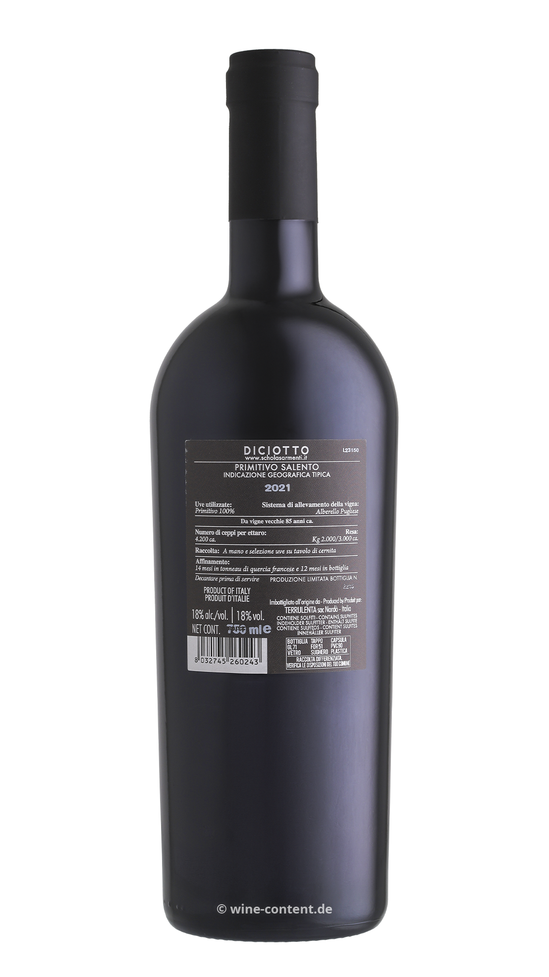 6er-Holzkiste Primitivo Salento 2021 Diciotto