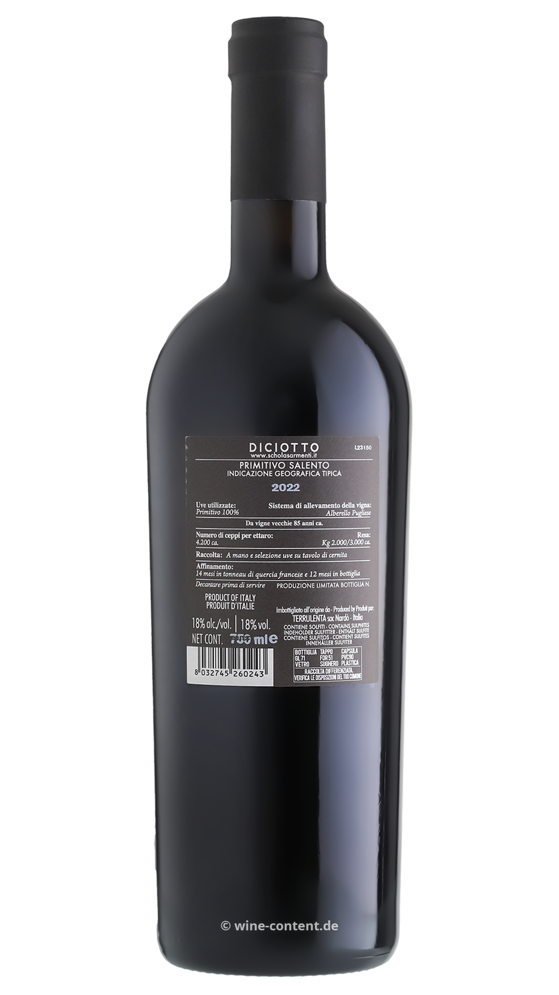 6er-Holzkiste Primitivo Salento 2022 Diciotto