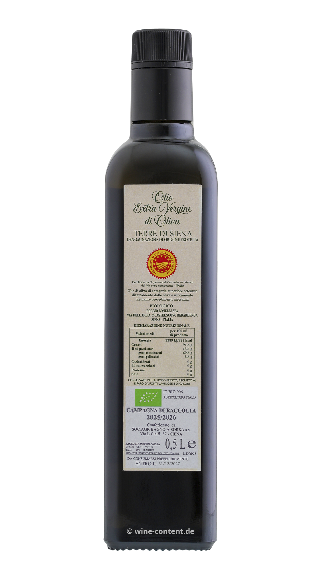 0,5 L Olivenöl Extra Vergine Terre di Siena 2025 Bio